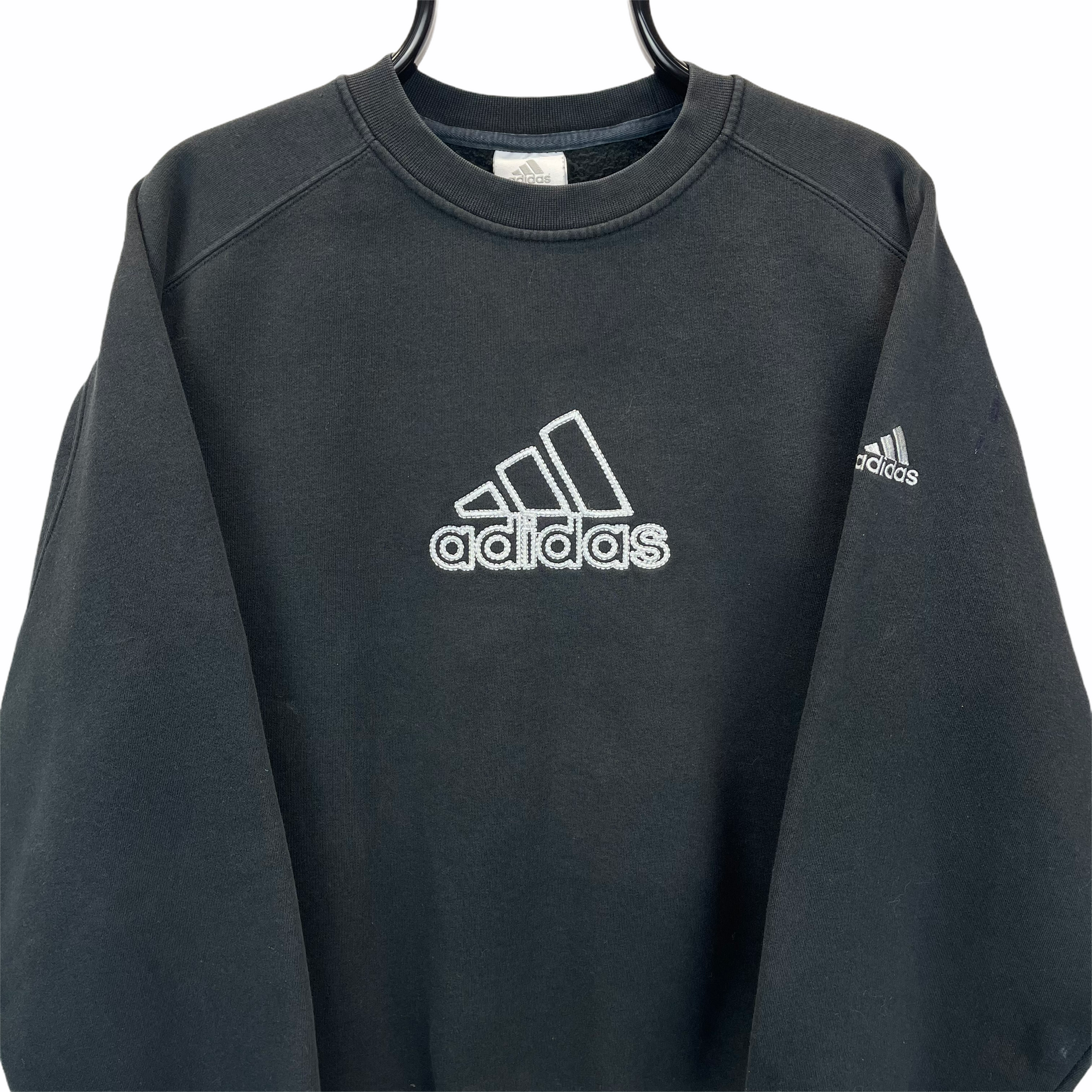 VINTAGE ADIDAS SPELLOUT SWEATSHIRT IN WASHED BLACK - MEN'S MEDIUM/WOMEN'S LARGE