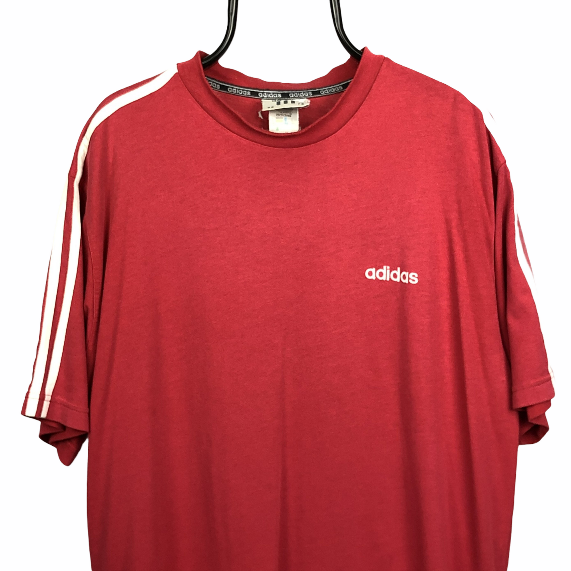 Vintage Adidas Embroidered Small Spellout Tee in Red - Men's Large/Women's XL