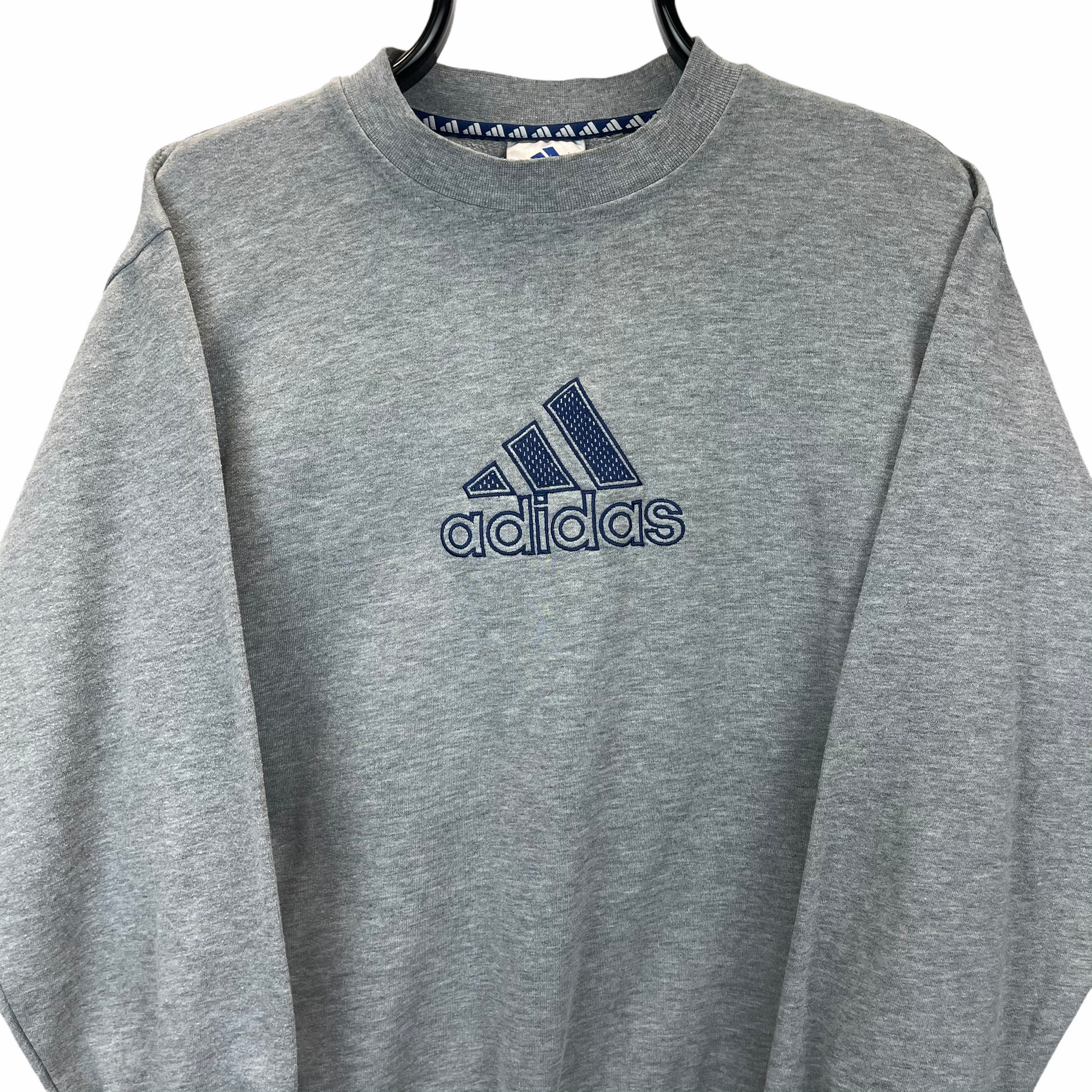 VINTAGE 90S ADIDAS SPELLOUT SWEATSHIRT IN GREY & NAVY - MEN'S MEDIUM/WOMEN'S LARGE