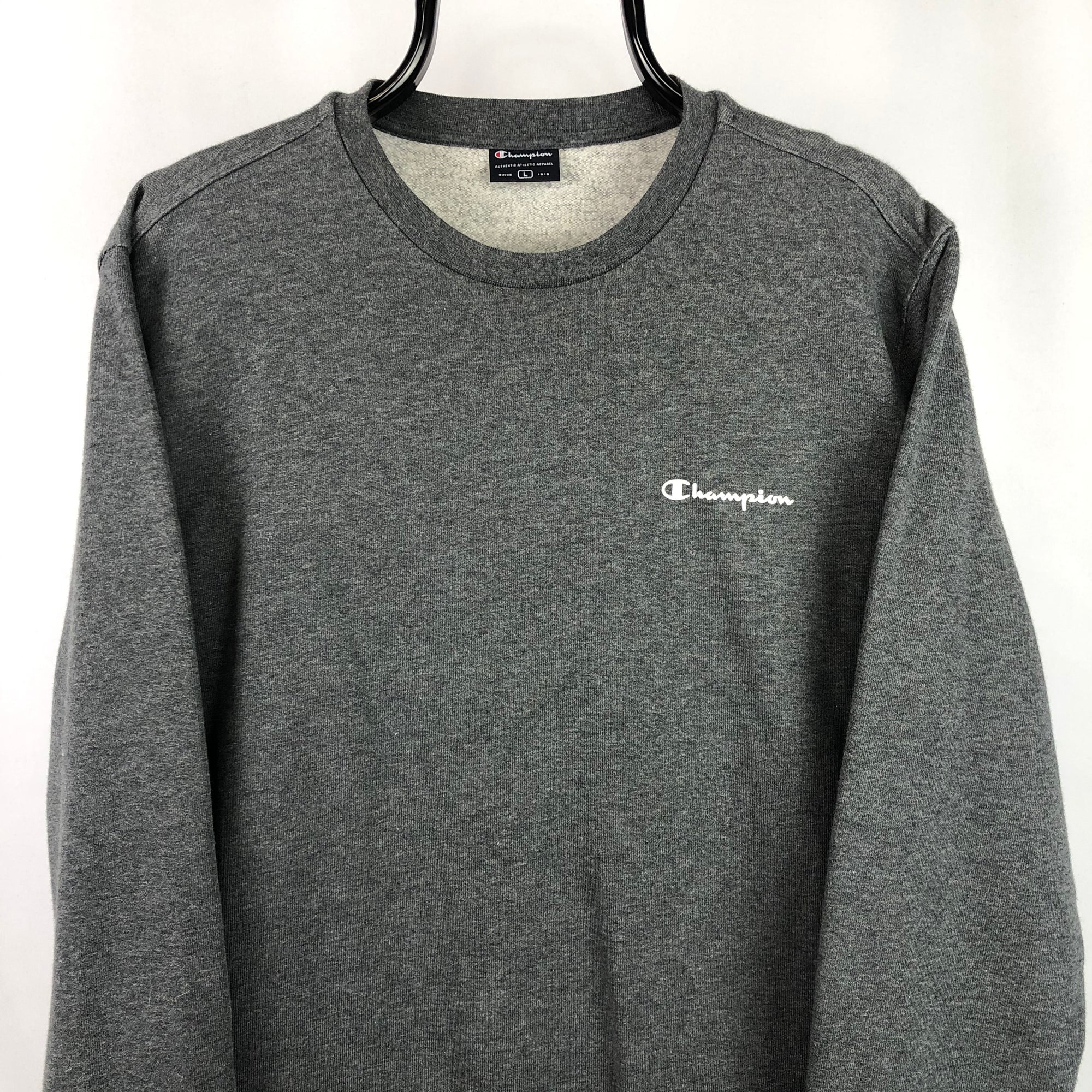 Champion Small Spellout Sweatshirt in Dark Grey - Men's Medium/Women's Large