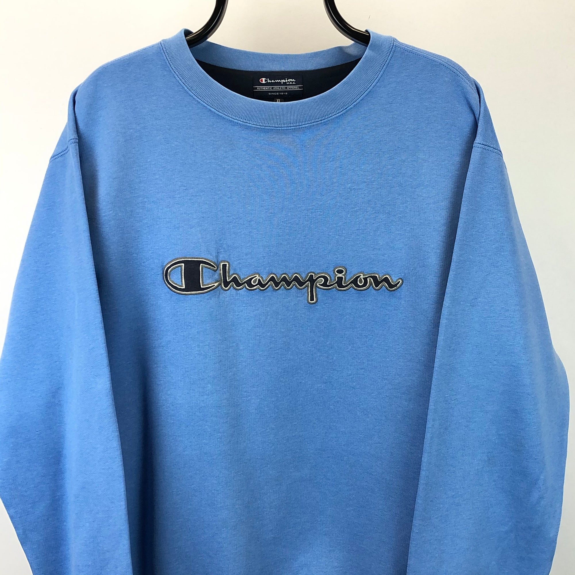 Vintage Champion Spellout Sweatshirt in Baby Blue - Men's Large/Women's XL