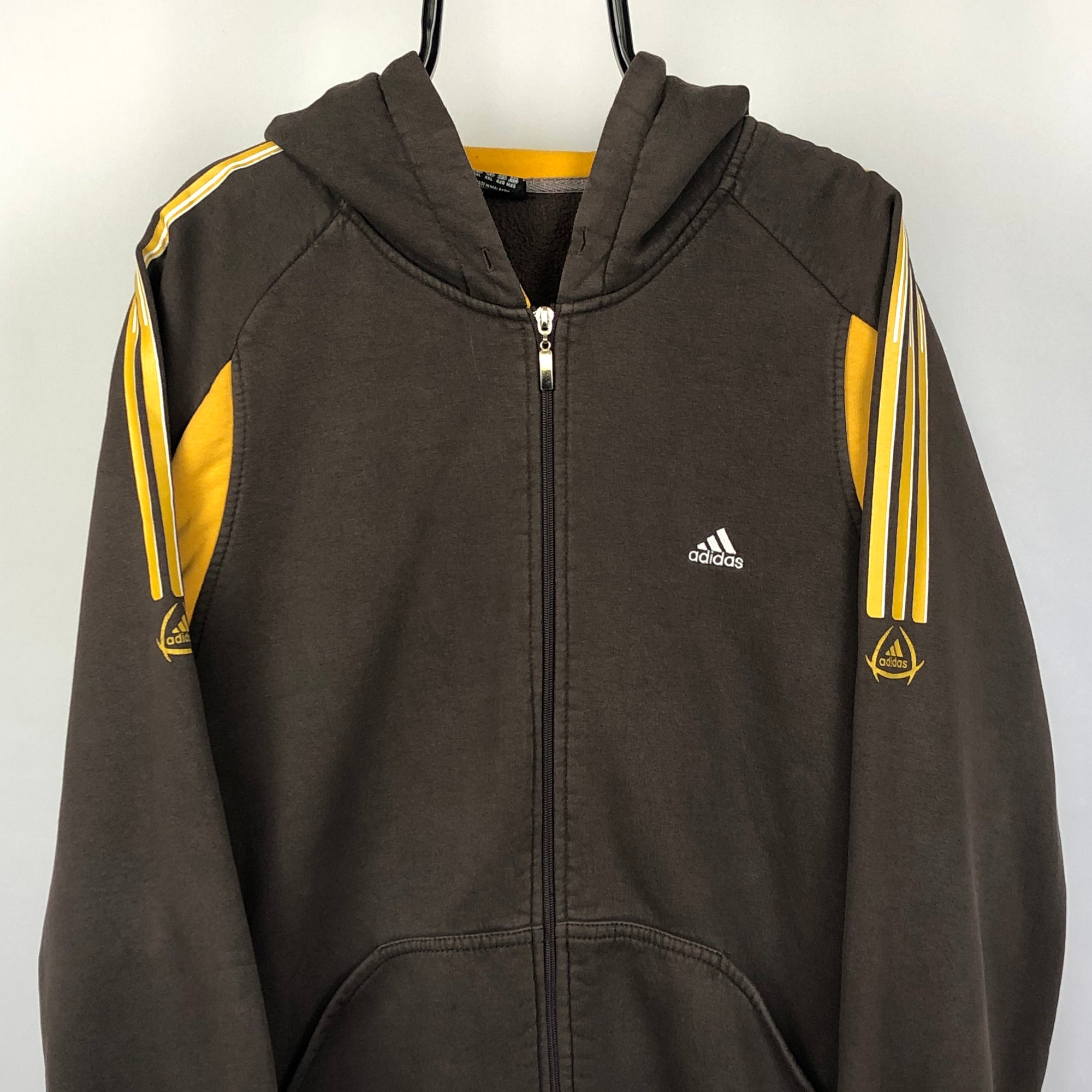 Vintage Adidas Zip Hoodie in Brown/Yellow - Men's XXL/Women's XXXL