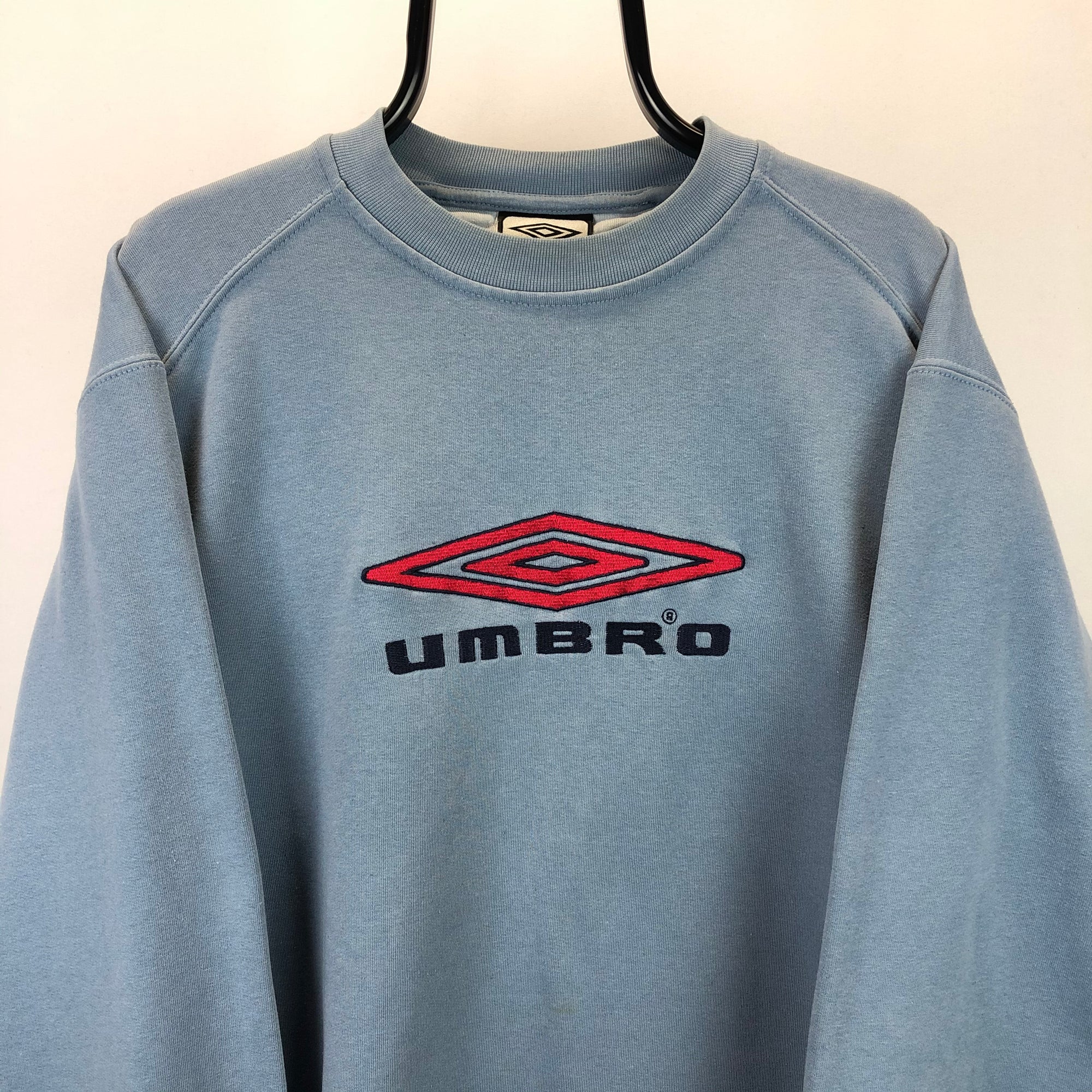 Vintage Umbro Spellout Sweatshirt in Pale Blue/Red - Men's Large/Women's XL