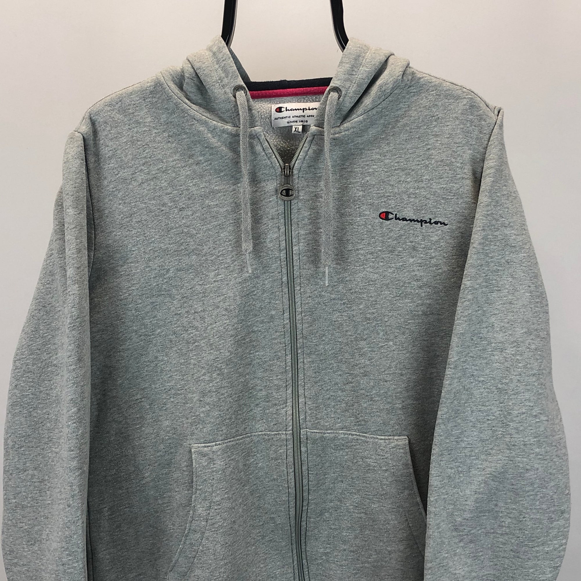 Vintage Champion Small Spellout Zip Hoodie in Grey - Men's Small/Women's Medium