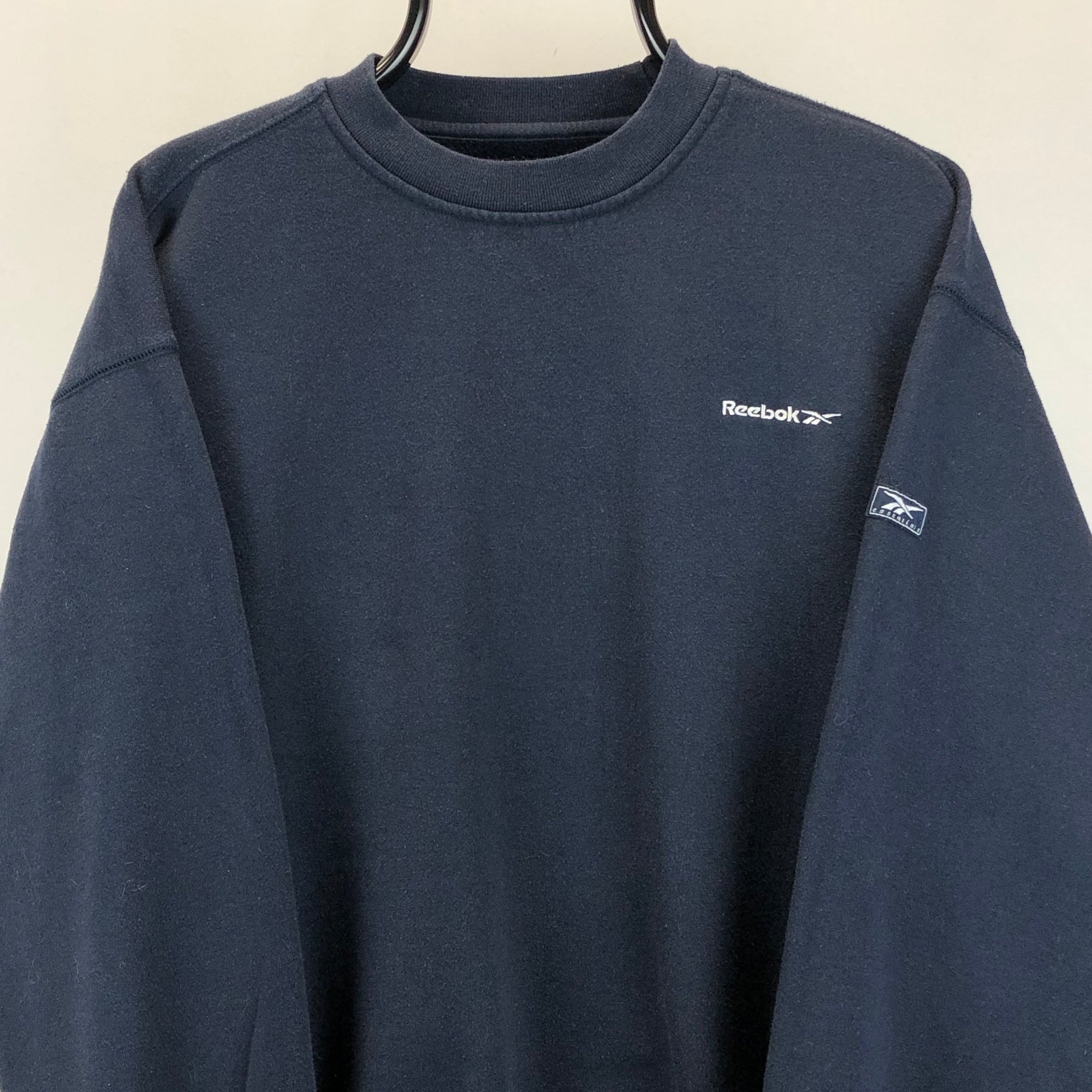 Vintage 90s Reebok Small Spellout Sweatshirt in Navy - Men's Medium/Women's Large