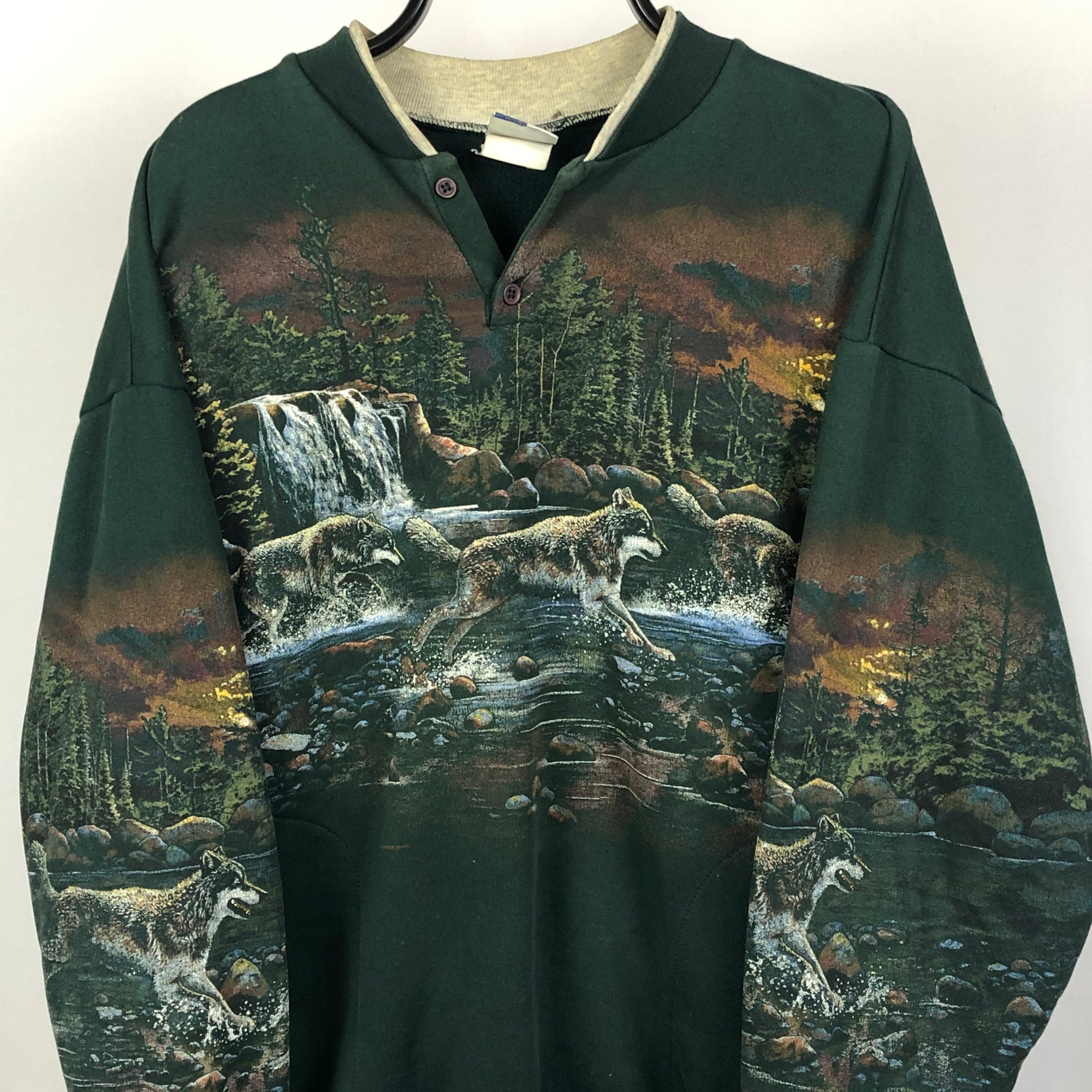 Vintage Wolf Print Sweatshirt in Green - Men's Large/Women's XL