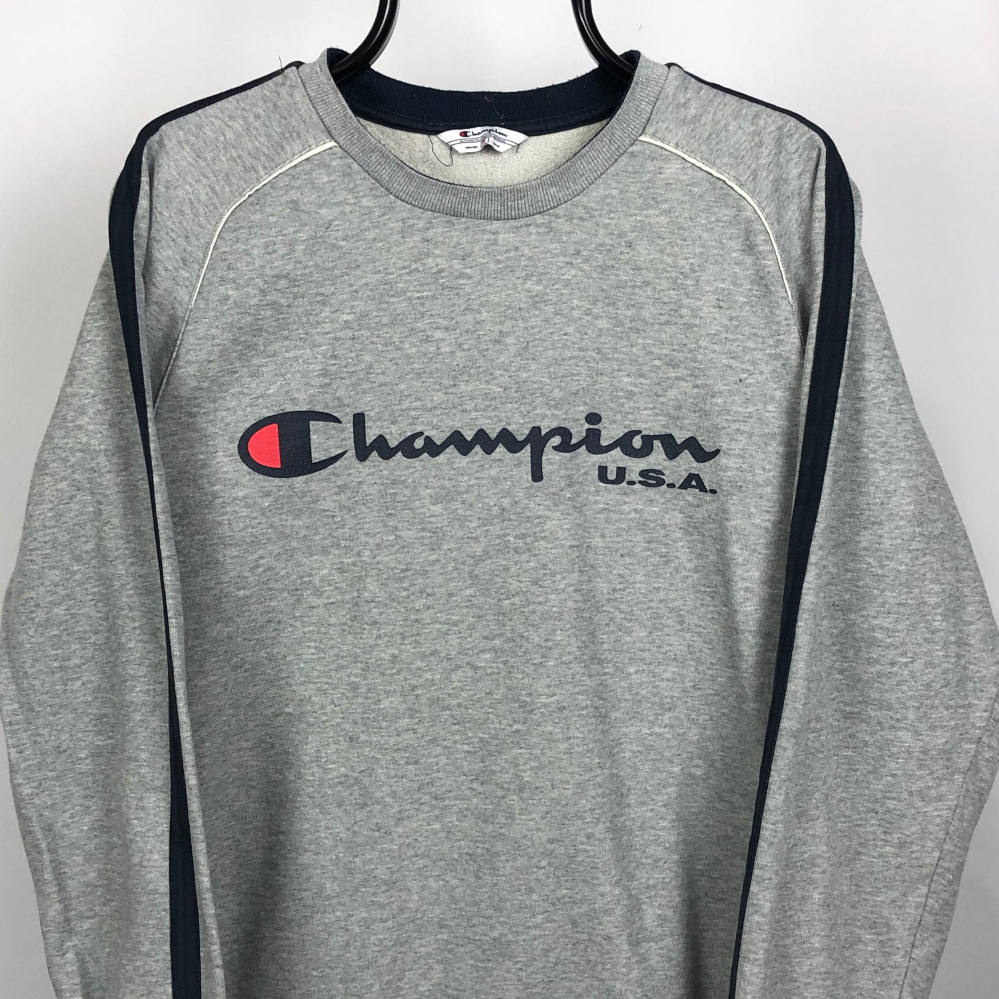 Vintage Champion Sweatshirt in Grey/Navy - Men's Medium/Women's Large