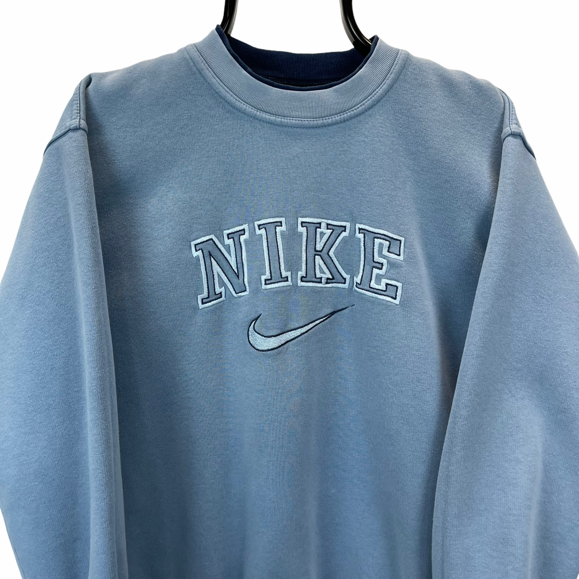 VINTAGE 90S NIKE SPELLOUT SWEATSHIRT IN BABY BLUE - MEN'S SMALL/WOMEN'S MEDIUM