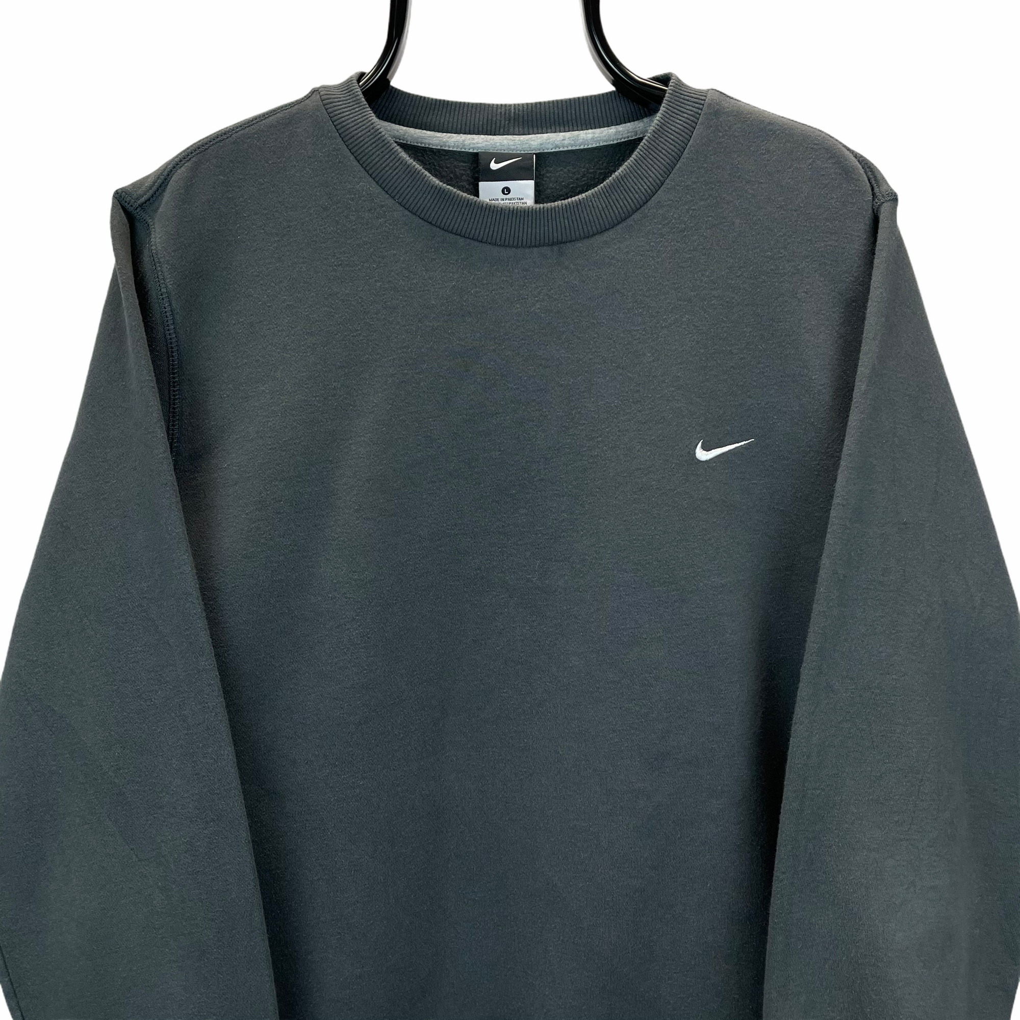 NIKE EMBROIDERED SMALL SWOOSH SWEATSHIRT IN WASHED BLACK - MEN'S LARGE/WOMEN'S XL