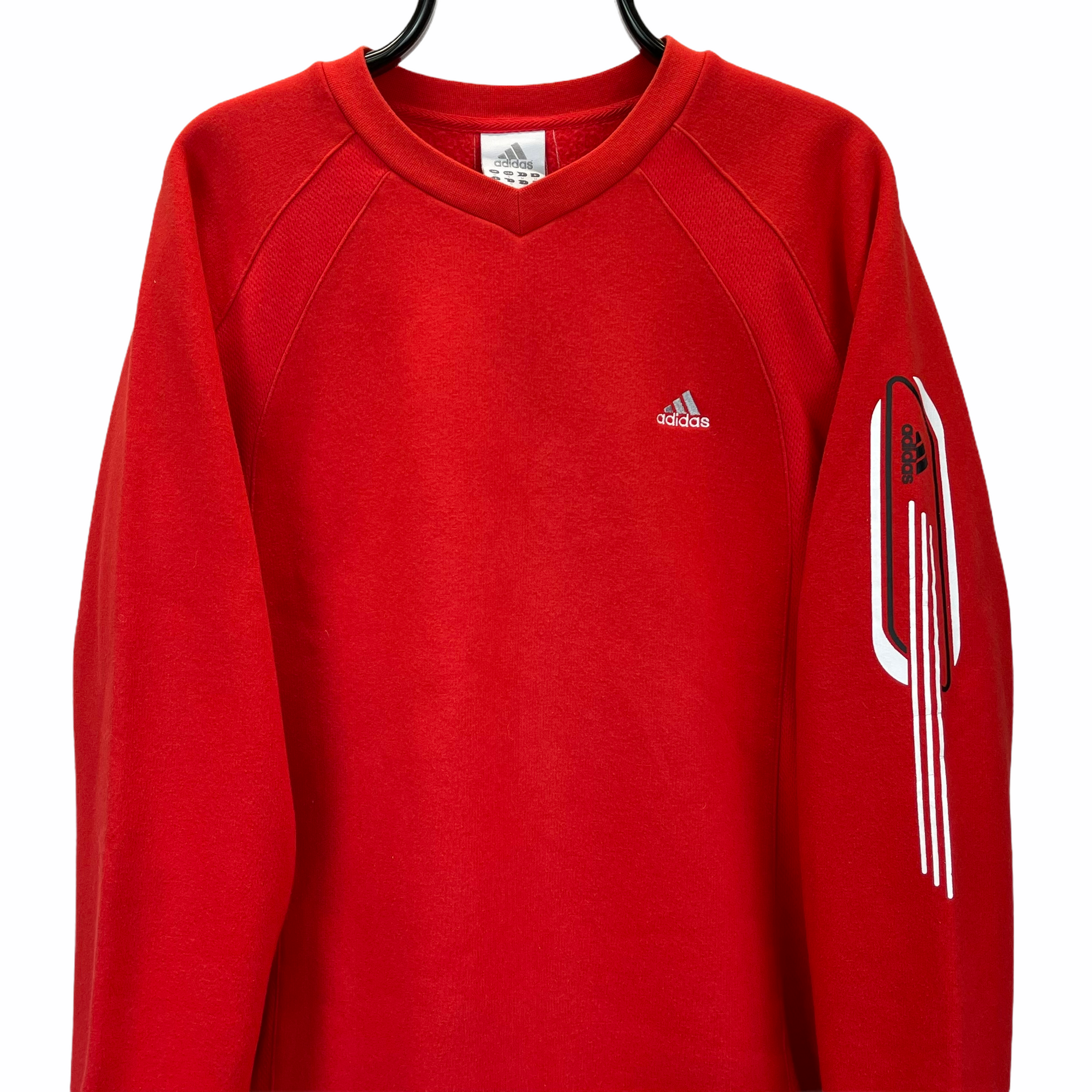 VINTAGE ADIDAS EMBROIDERED SMALL LOGO SWEATSHIRT IN RED - MEN'S MEDIUM/WOMEN'S LARGE