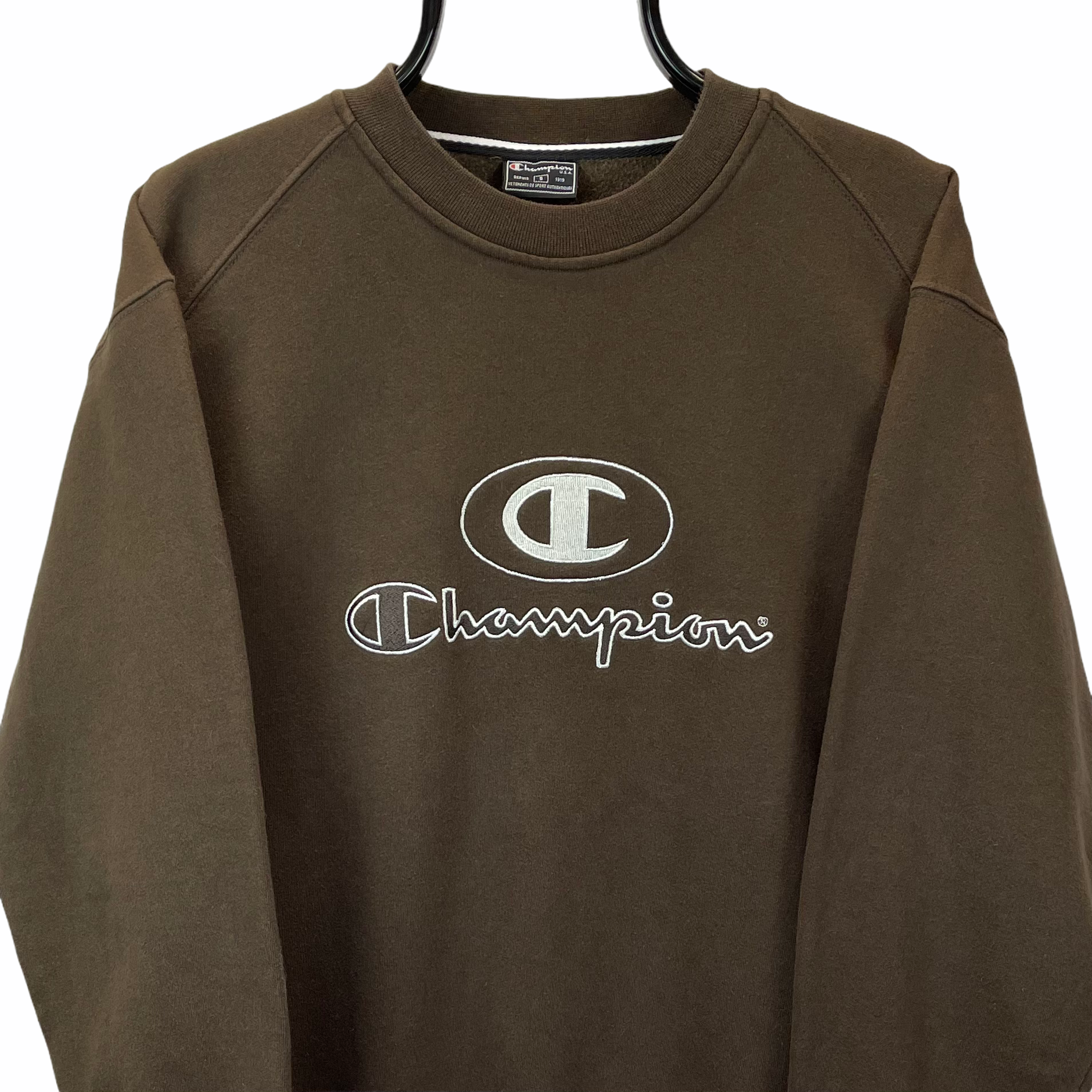 VINTAGE CHAMPION SPELLOUT SWEATSHIRT IN BROWN - MEN'S SMALL/WOMEN'S MEDIUM