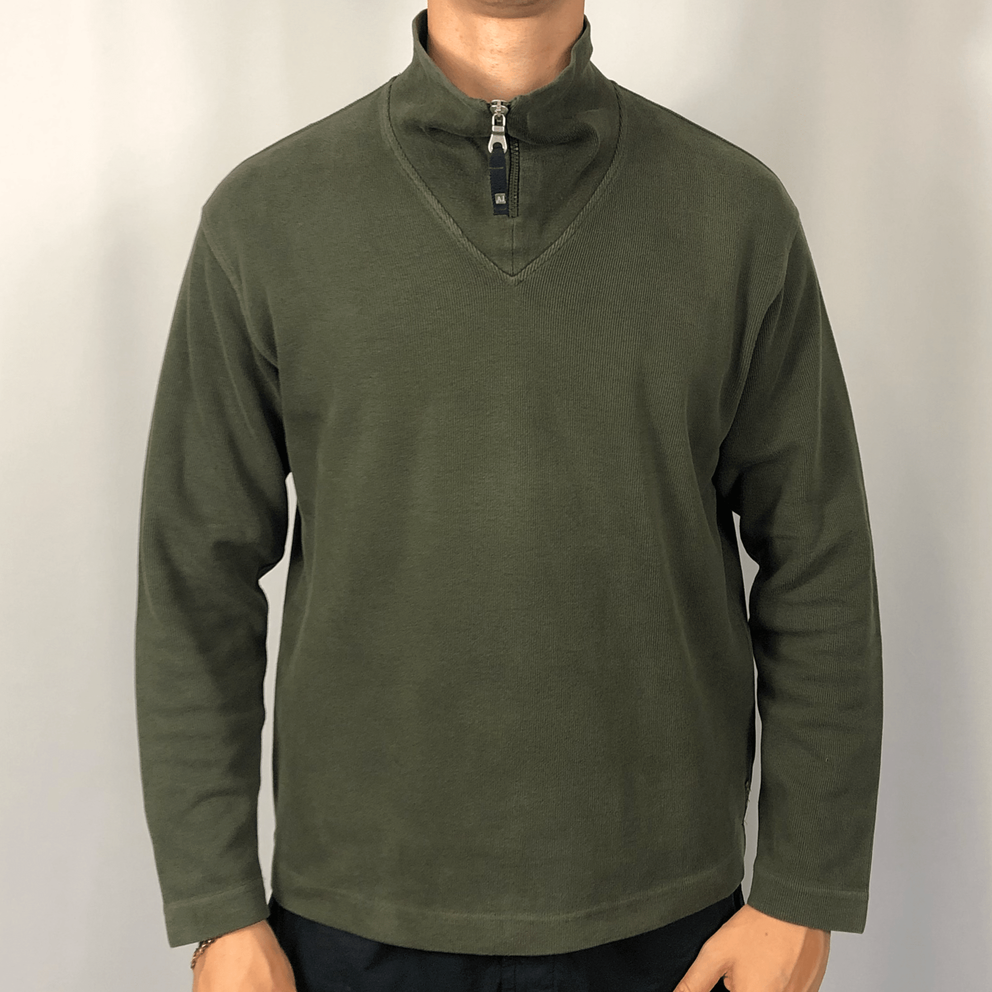 Vintage Armani 1/4 Zip Sweatshirt in Olive Green - Large - Vintique Clothing