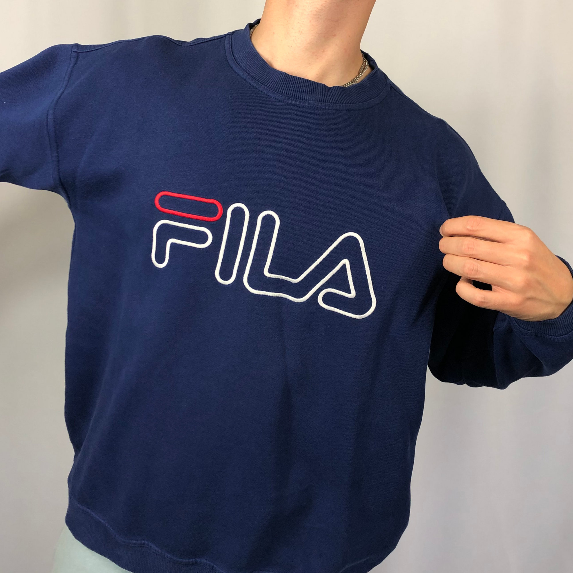 VINTAGE FILA SPELLOUT SWEATSHIRT IN Navy - LARGE - Vintique Clothing