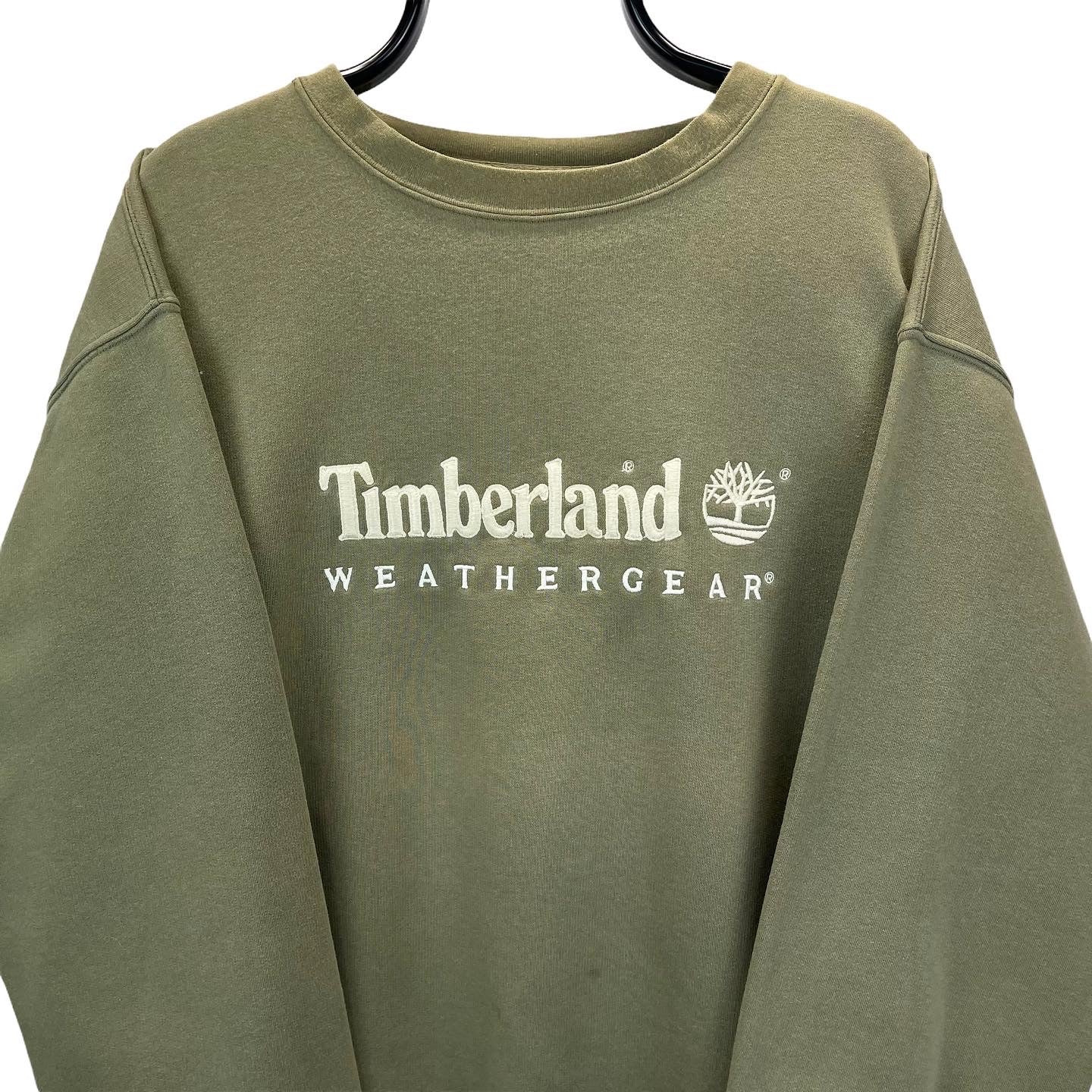 VINTAGE 90S TIMBERLAND SPELLOUT SWEATSHIRT IN LIGHT OLIVE - MEN'S XL/WOMEN'S XXL